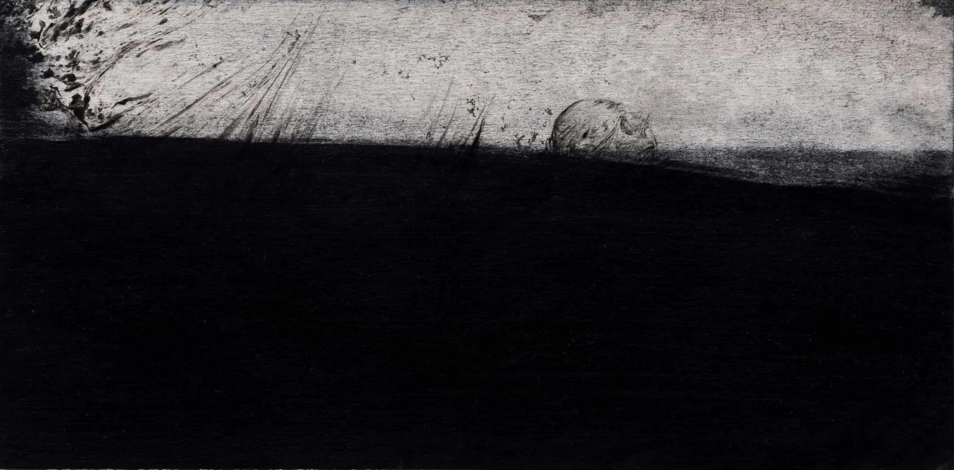 Pintura de tecnica mixta con paisaje fantastico, desolado, oscuro y enigmático.Realizada por Eugenia Demarchi.